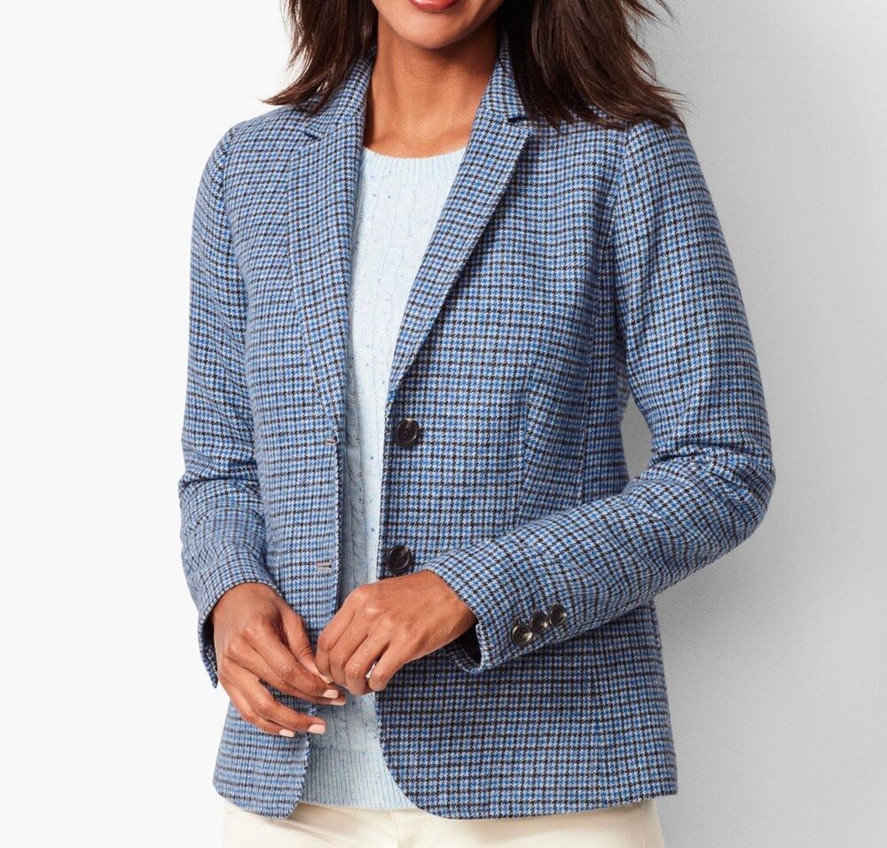 Talbots Shetland Wool Aberdeen Blazer Tattersal Plaid Check Blue Black Size 14